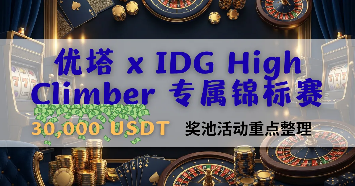 优塔娱乐城 IDG High Climber 专属锦标赛文章封面,画面包含赌场轮盘、老虎机、筹码与 30,000 USDT 奖池活动重点整理文字。